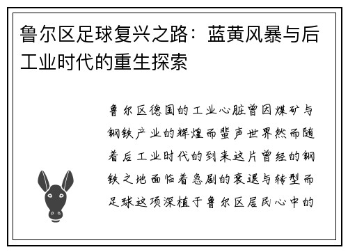 鲁尔区足球复兴之路：蓝黄风暴与后工业时代的重生探索