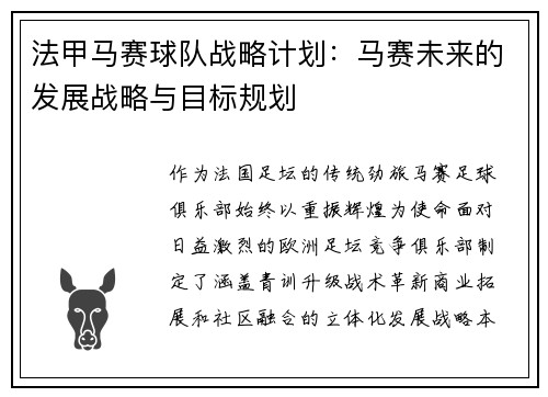 法甲马赛球队战略计划：马赛未来的发展战略与目标规划